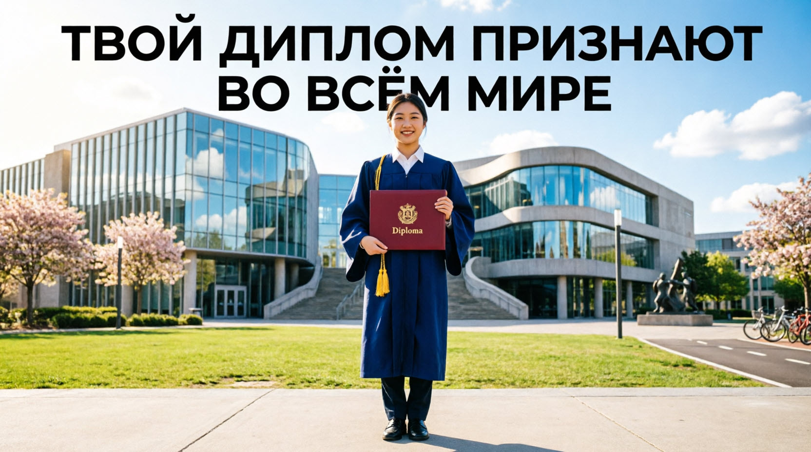 Выпускник в академической мантии держит диплом на фоне современного университетского кампуса