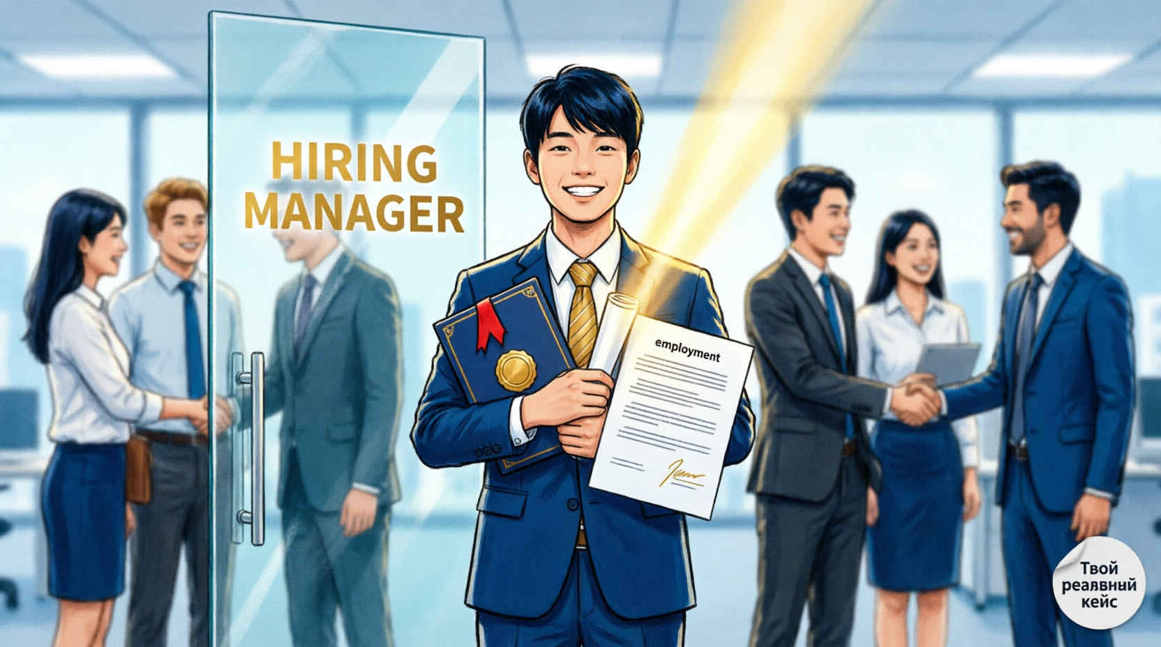 Студент держит диплом и подписанный контракт перед дверью HIRING MANAGER